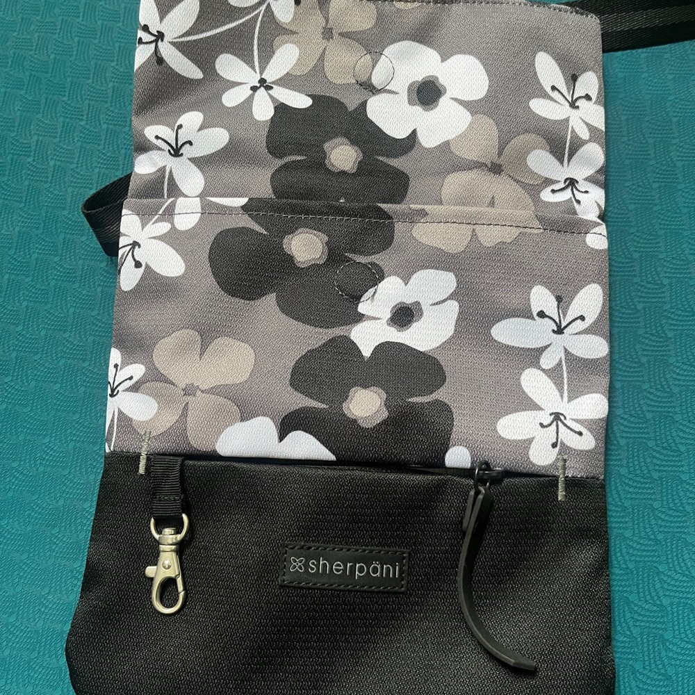 Sherpani Black Floral Crossbody Bag with Gray and White Accents
